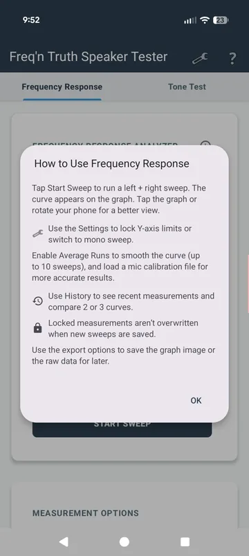 The in-app help for Frequency Response: stereo sweep, settings, averaging, calibration, history and export