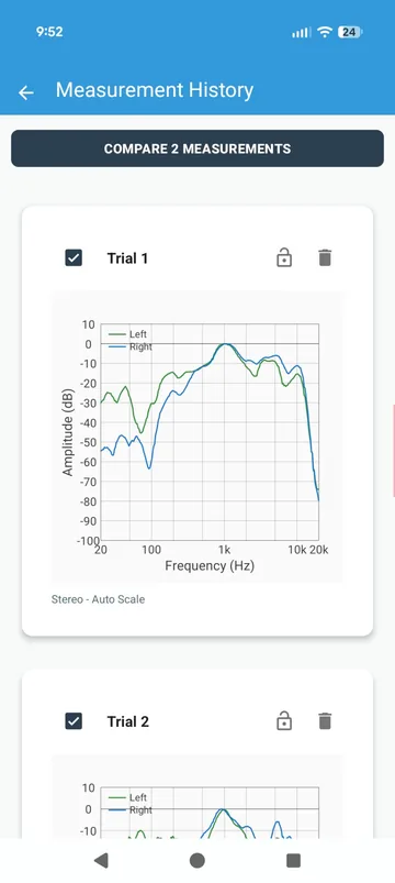 Measurement History with two stereo measurements selected and the Compare button