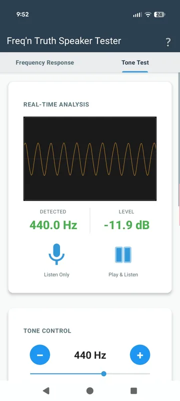 Tone Test real-time analysis: 440.0 Hz detected at -11.9 dB, with Listen Only and Play & Listen