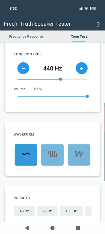 Tone Test controls: frequency, volume, sine, square and sawtooth, and presets