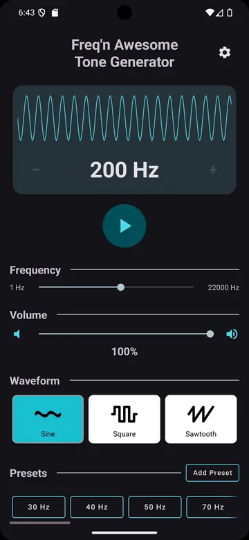 Main screen playing a 200 Hz sine wave, with frequency and volume sliders, waveform buttons and presets