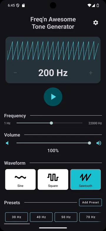 Main screen with a 200 Hz sawtooth on the waveform display