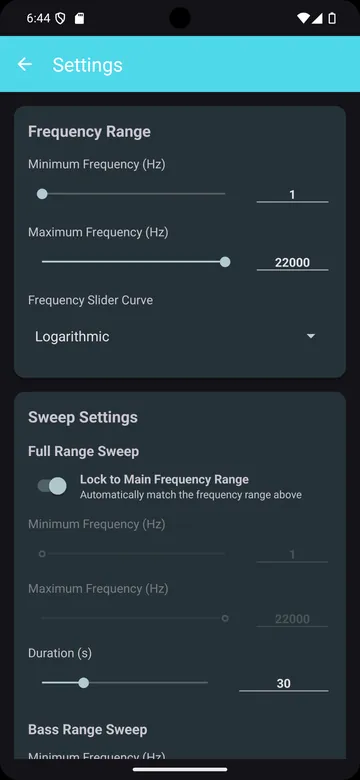 Settings: minimum and maximum frequency, slider curve, and sweep range and duration