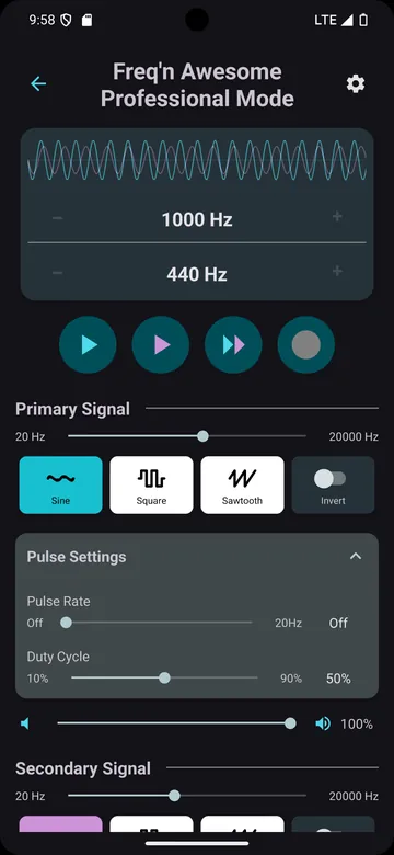 Pro Mode: 1000 Hz primary and 440 Hz secondary signals, with pulse rate and duty cycle