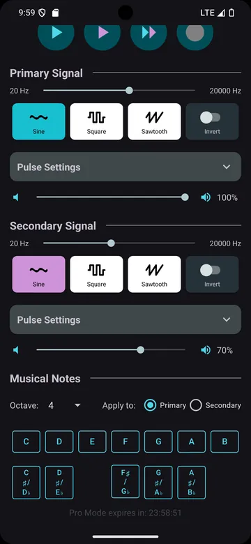 Pro Mode: primary and secondary signal controls with invert, and the musical note keys with octave select