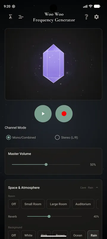 The main screen: the crystal, play and record, master volume, and Space & Atmosphere with room reverb and background sounds