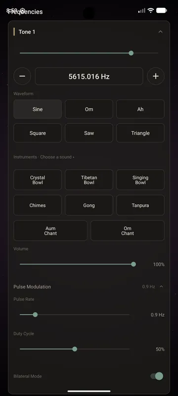 Tone controls with waveforms, instruments like crystal and Tibetan bowls, volume, pulse modulation and bilateral mode