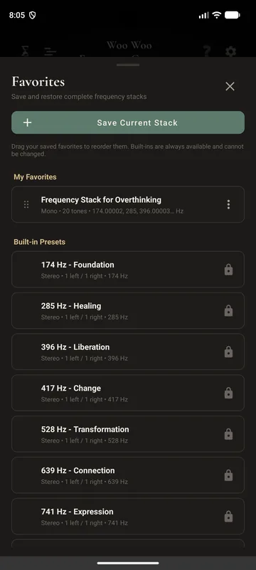 Favorites: saved stacks alongside the built-in Solfeggio presets