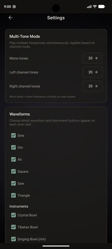 Settings: how many tones to layer, and which waveforms and instruments to show