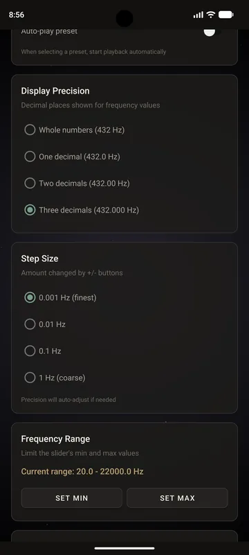 Settings: decimal precision and step size for fine tuning
