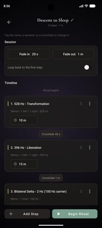 Ritual Builder: stacks sequenced on a timeline with crossfades between steps